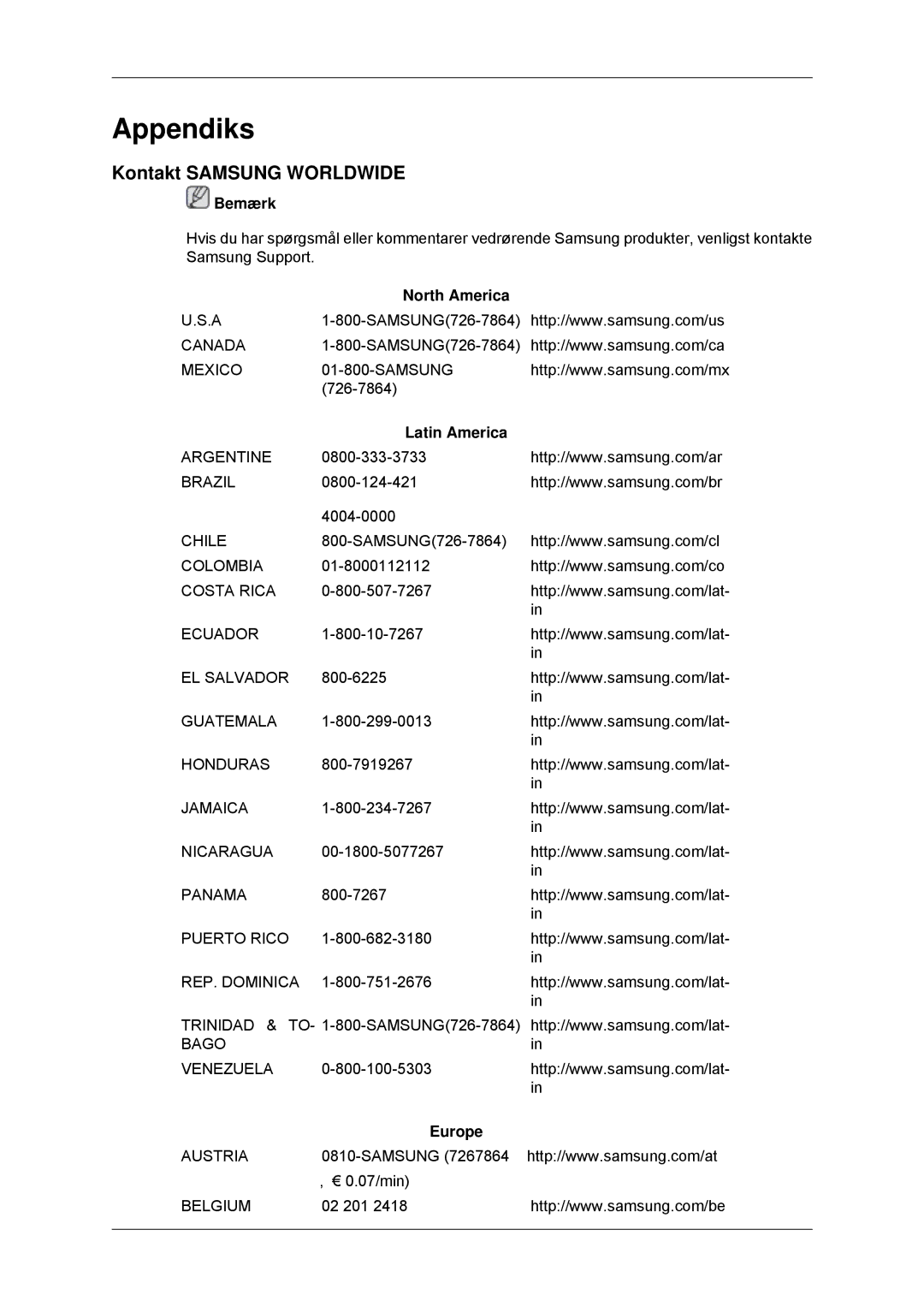 Samsung LS22MYKDSCA/EN, LS22MYDDSC/EDC manual Appendiks, Kontakt Samsung Worldwide, North America, Latin America, Europe 