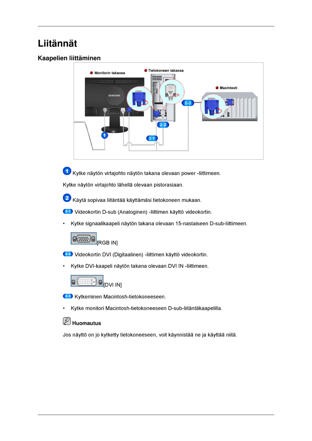 Samsung LS22MYDDSC/EDC, LS22MYKDSCA/EN manual Liitännät, Kaapelien liittäminen 