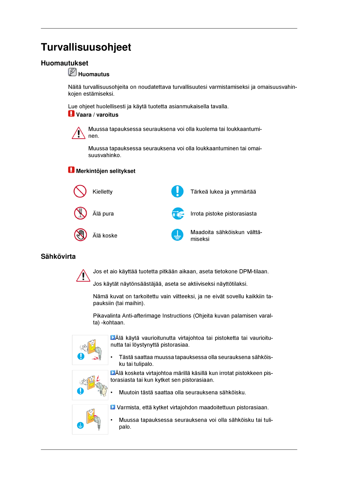 Samsung LS22MYKDSCA/EN, LS22MYDDSC/EDC manual Turvallisuusohjeet, Huomautukset, Sähkövirta 