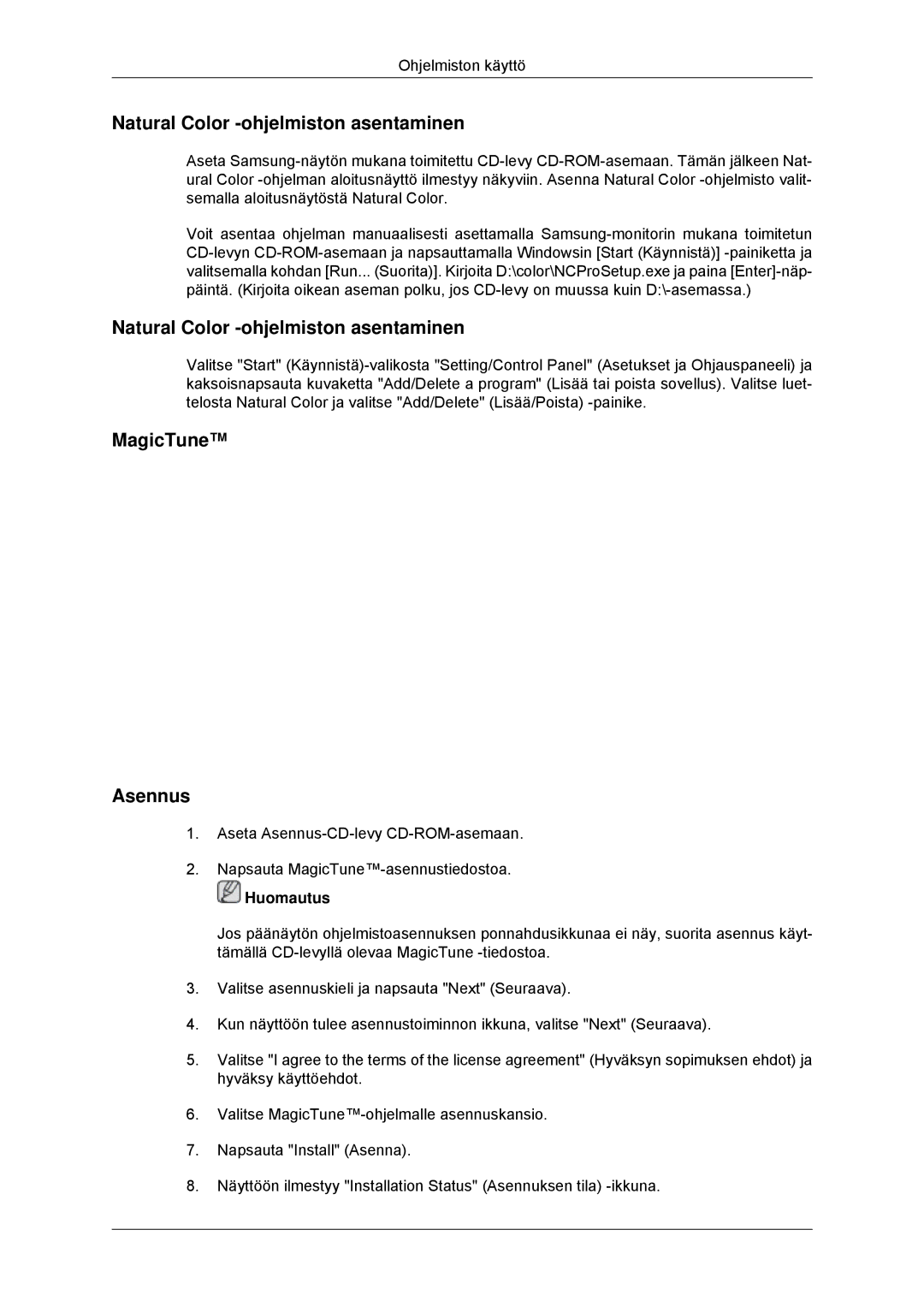 Samsung LS22MYKDSCA/EN, LS22MYDDSC/EDC manual Natural Color -ohjelmiston asentaminen, MagicTune Asennus 