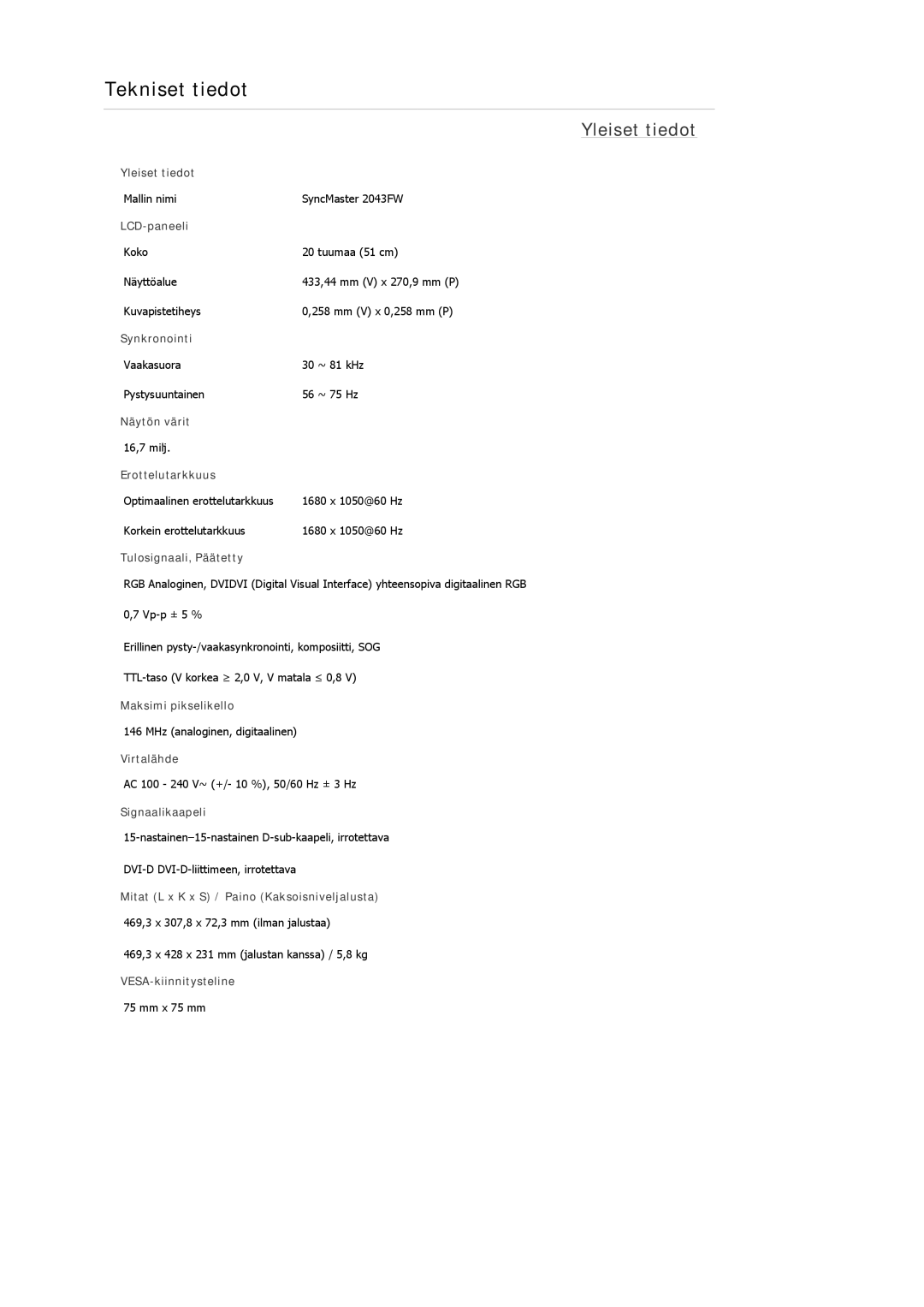 Samsung LS22MYDDSC/EDC, LS22MYKDSCA/EN manual Tekniset tiedot 