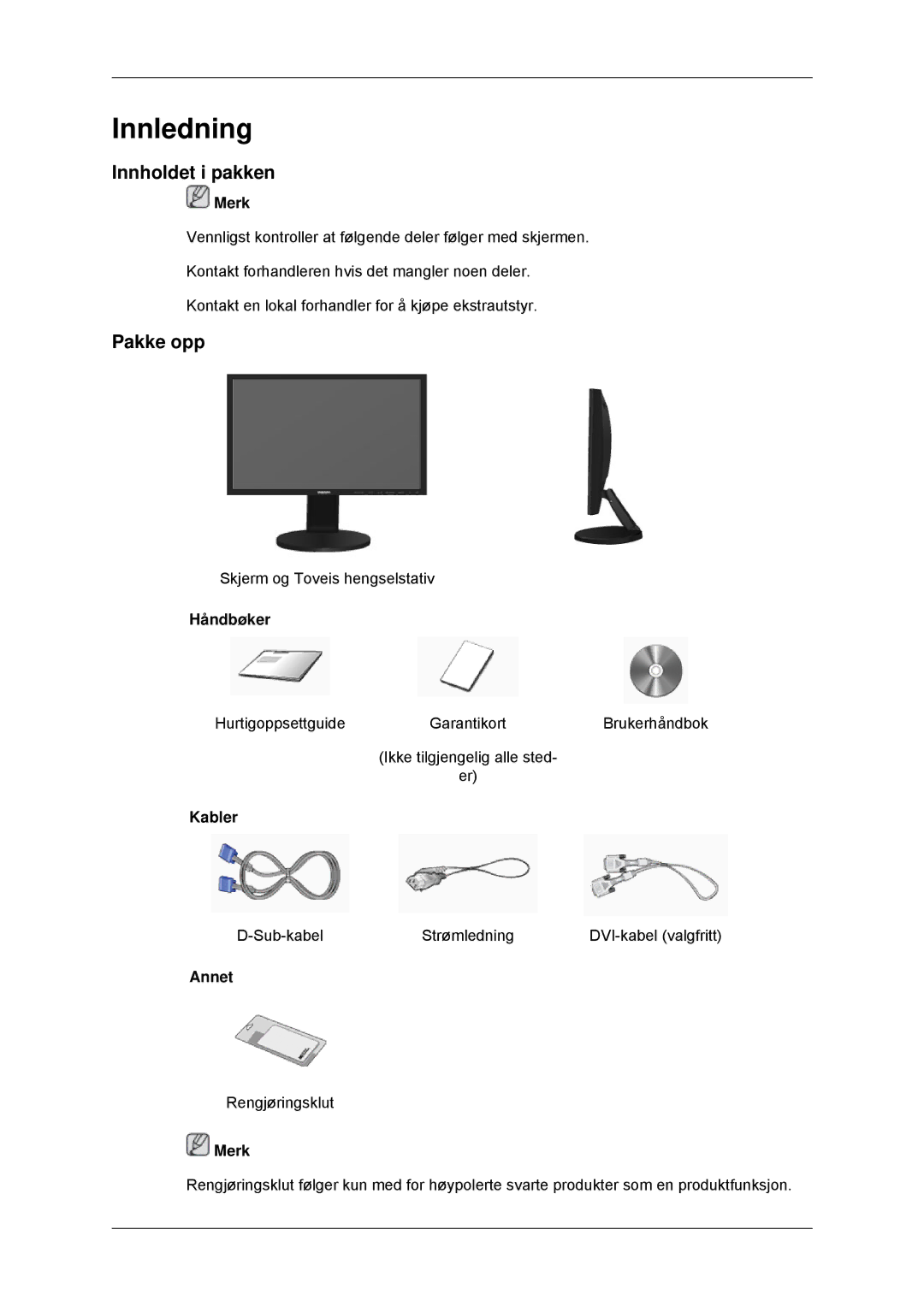 Samsung LS22MYKDSCA/EN, LS22MYDDSC/EDC manual Innledning, Innholdet i pakken, Pakke opp 