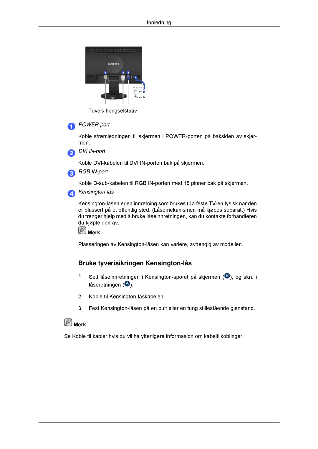 Samsung LS22MYDDSC/EDC, LS22MYKDSCA/EN manual Bruke tyverisikringen Kensington-lås 