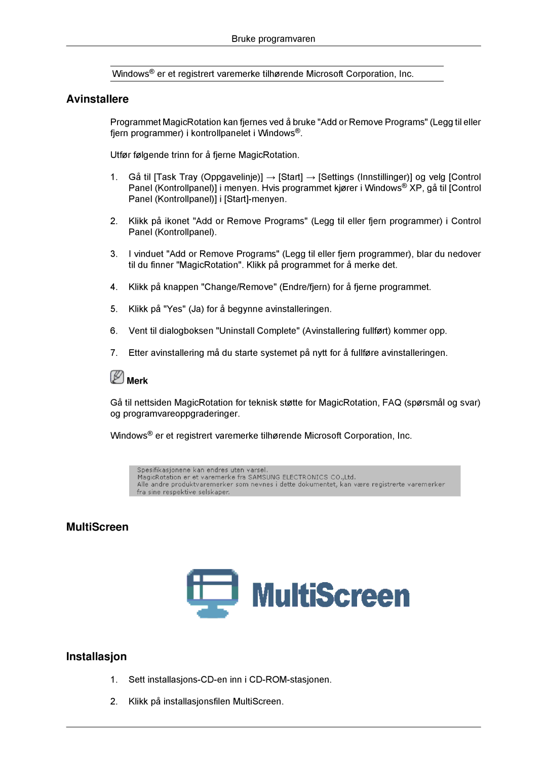 Samsung LS22MYKDSCA/EN, LS22MYDDSC/EDC manual Avinstallere, MultiScreen Installasjon 