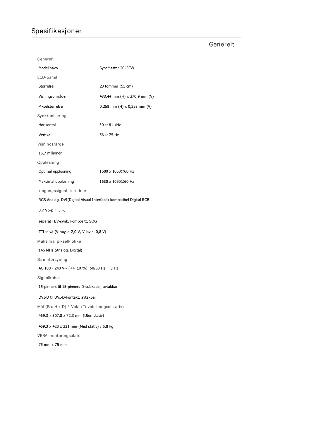 Samsung LS22MYDDSC/EDC, LS22MYKDSCA/EN manual Spesifikasjoner 