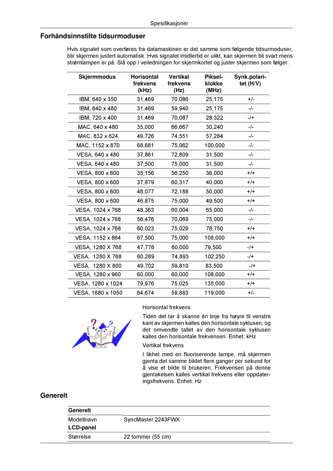 Samsung LS22MYDDSC/EDC, LS22MYKDSCA/EN manual Forhåndsinnstilte tidsurmoduser, Skjermmodus Horisontal 