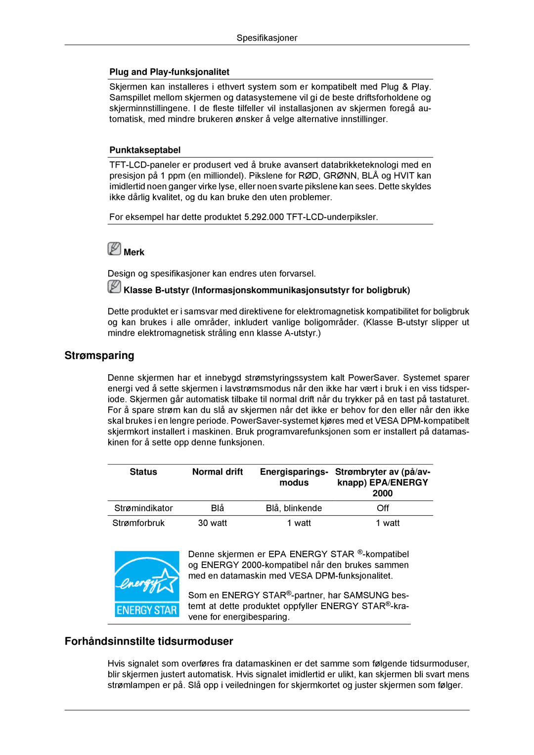 Samsung LS22MYDDSC/EDC, LS22MYKDSCA/EN manual Strømsparing 