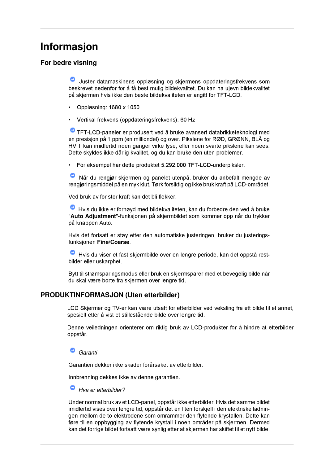 Samsung LS22MYDDSC/EDC, LS22MYKDSCA/EN manual Informasjon, For bedre visning, Produktinformasjon Uten etterbilder 