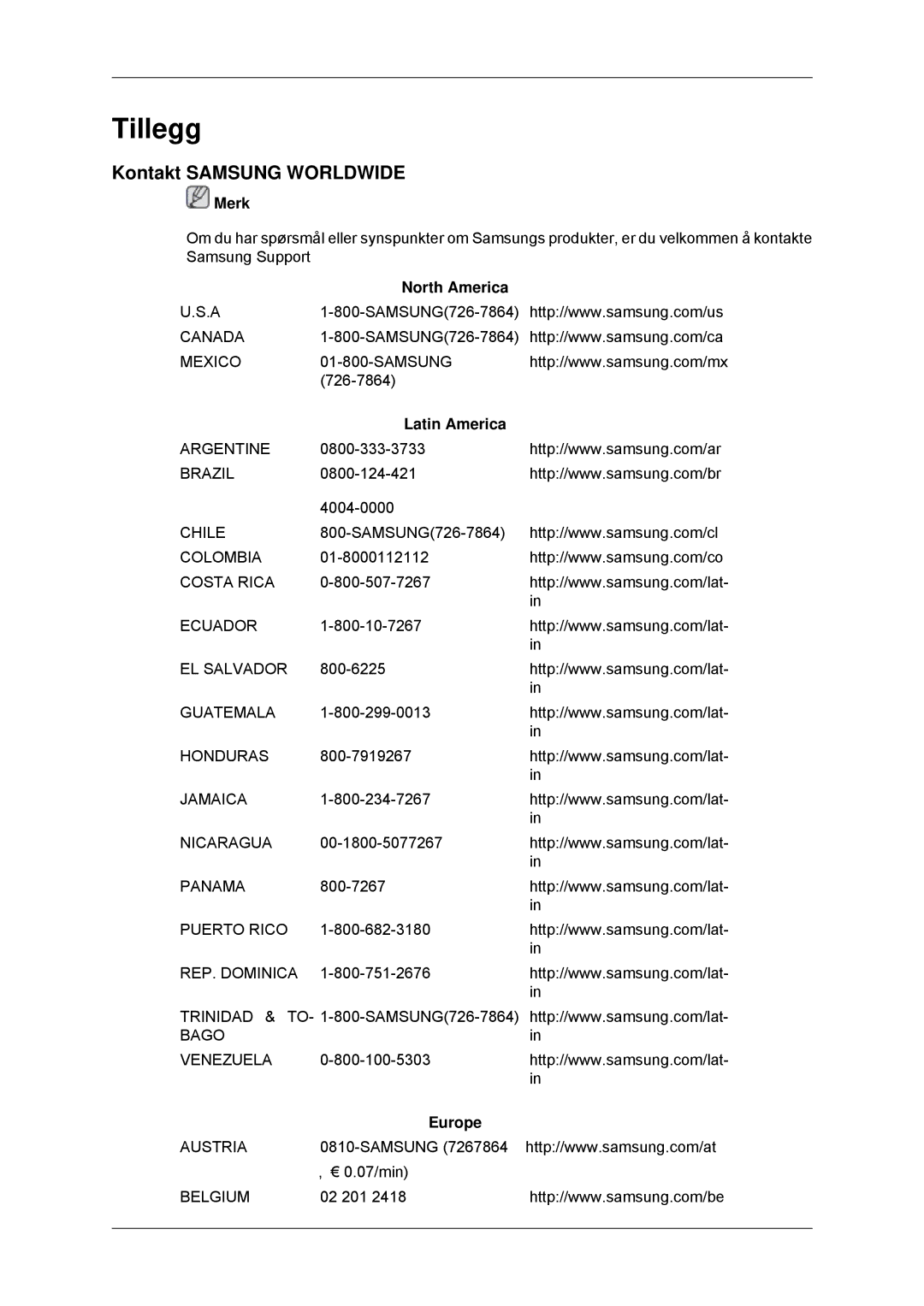 Samsung LS22MYDDSC/EDC, LS22MYKDSCA/EN manual Tillegg, Kontakt Samsung Worldwide, North America, Latin America, Europe 