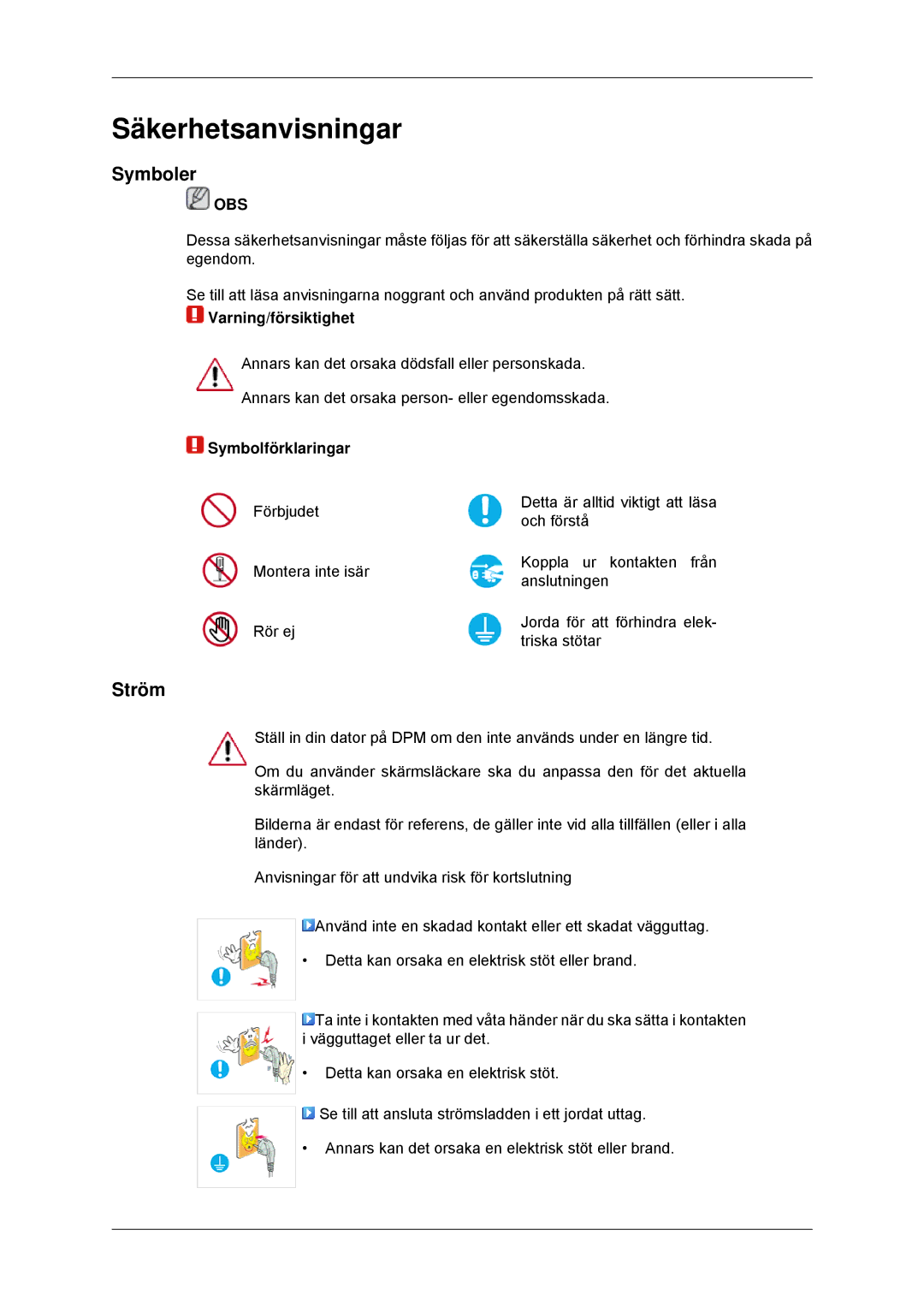 Samsung LS22MYKDSCA/EN, LS22MYDDSC/EDC manual Säkerhetsanvisningar, Symboler, Ström 