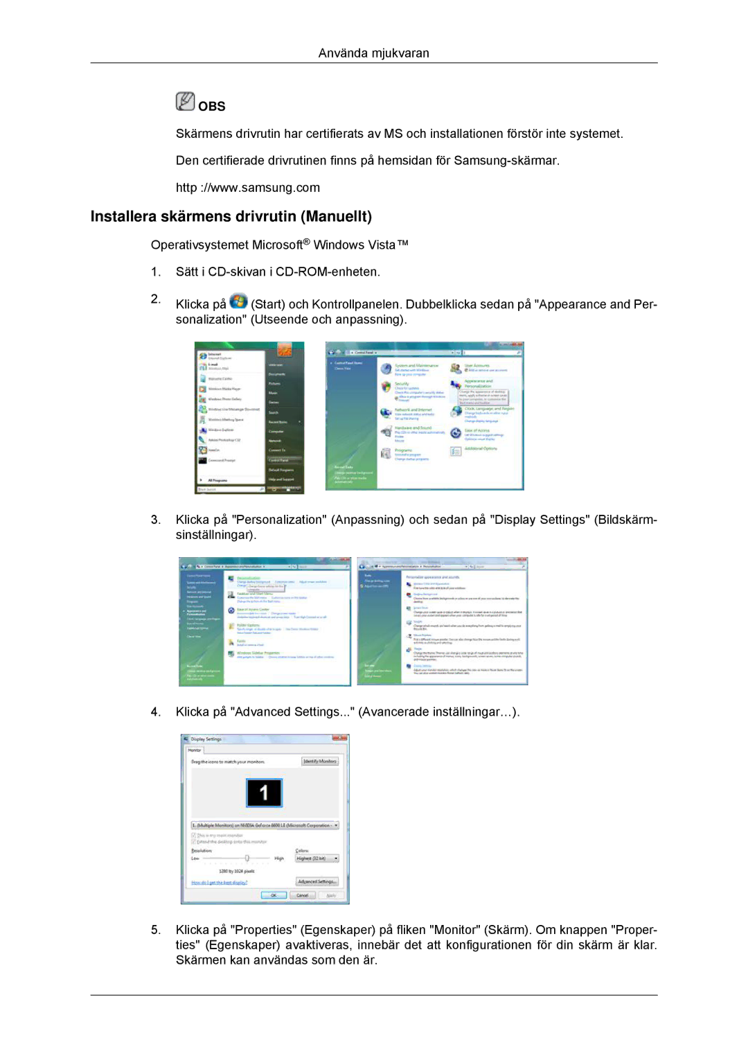 Samsung LS22MYKDSCA/EN, LS22MYDDSC/EDC manual Installera skärmens drivrutin Manuellt 