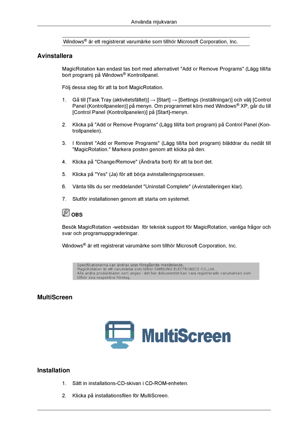 Samsung LS22MYKDSCA/EN, LS22MYDDSC/EDC manual Avinstallera, MultiScreen Installation 