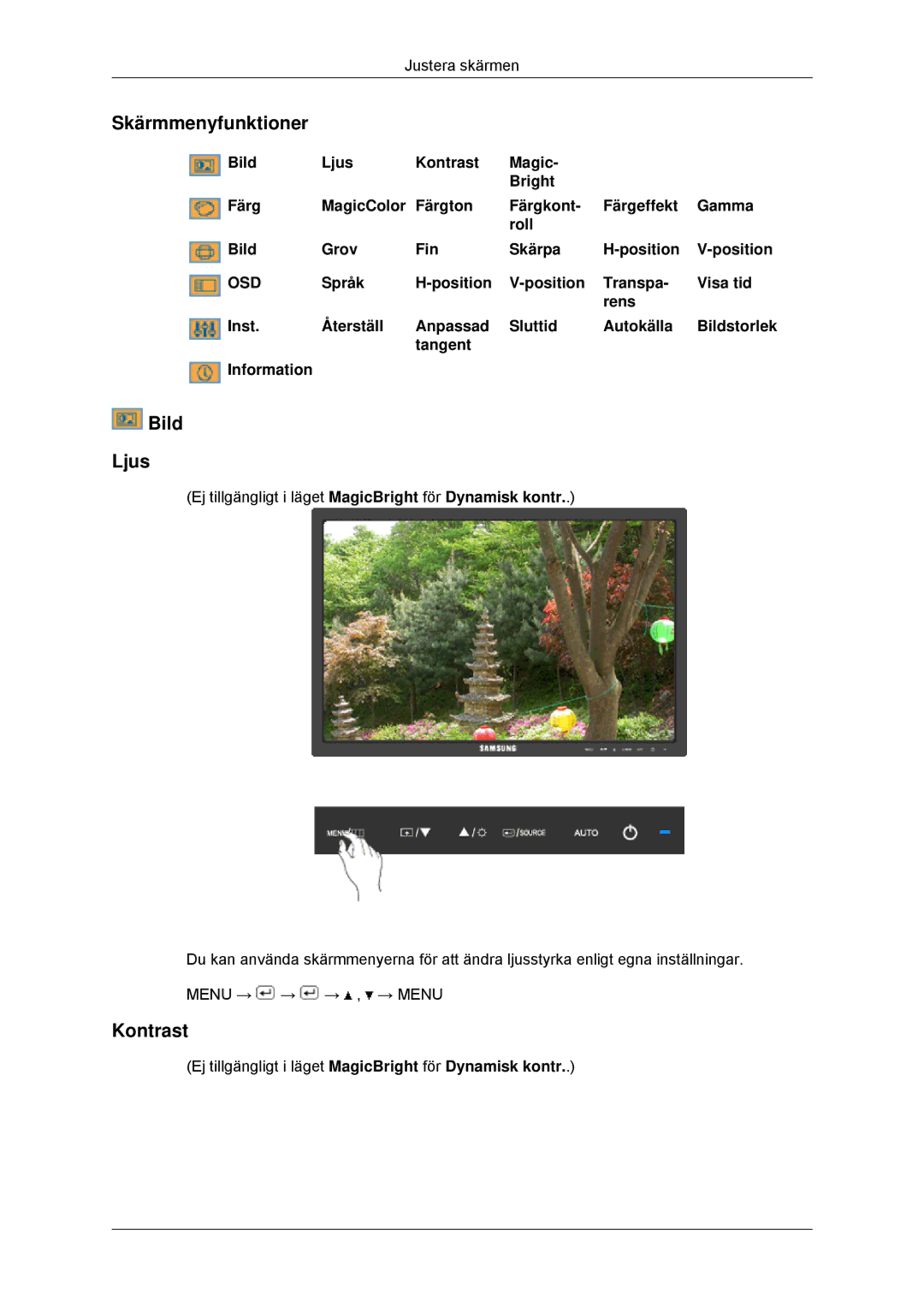 Samsung LS22MYDDSC/EDC, LS22MYKDSCA/EN manual Skärmmenyfunktioner, Bild Ljus, Kontrast 