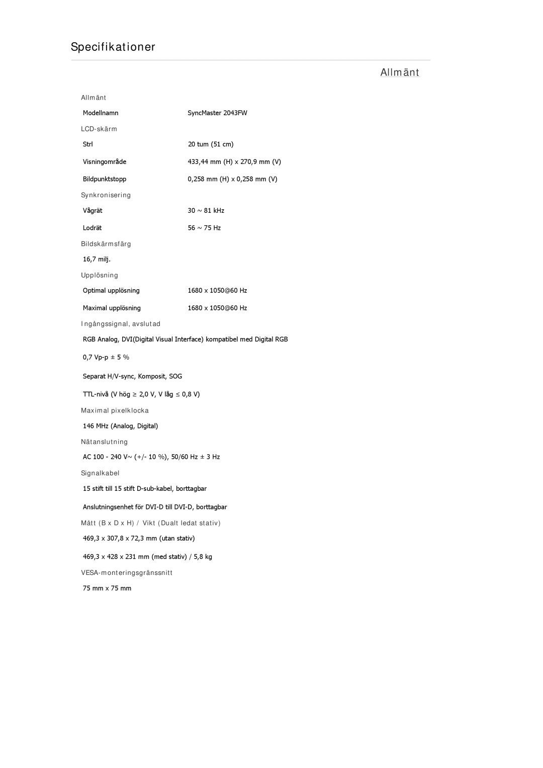 Samsung LS22MYDDSC/EDC, LS22MYKDSCA/EN manual Specifikationer 