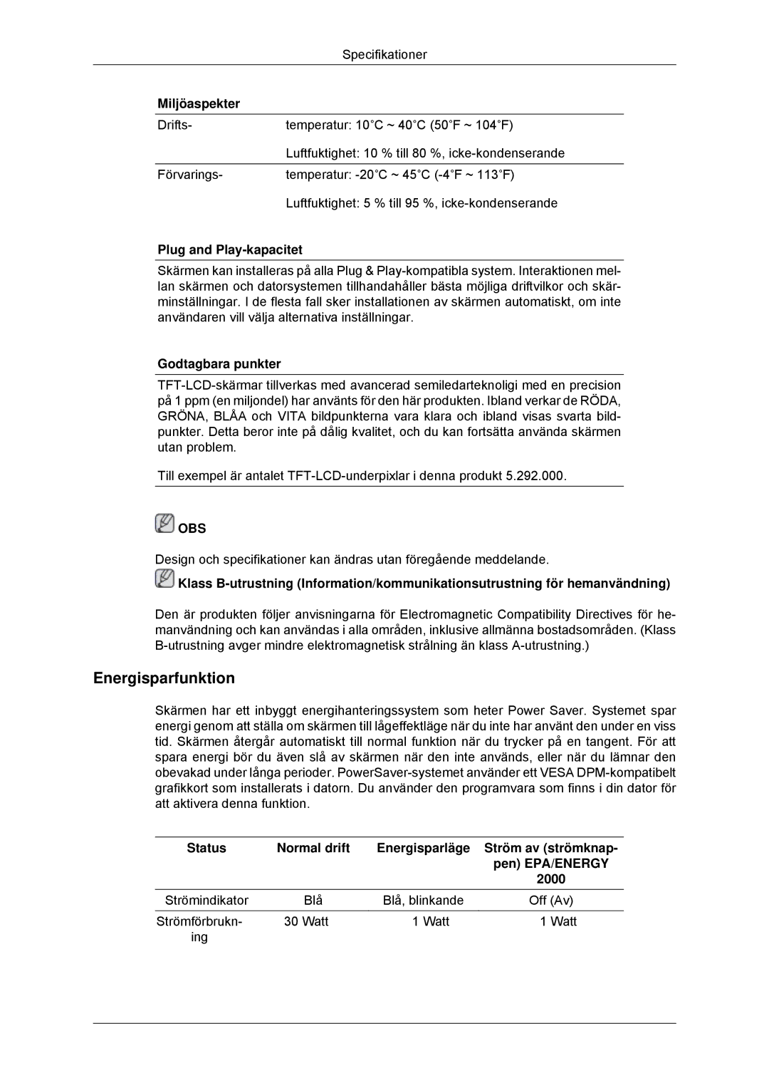 Samsung LS22MYDDSC/EDC, LS22MYKDSCA/EN manual Energisparfunktion 