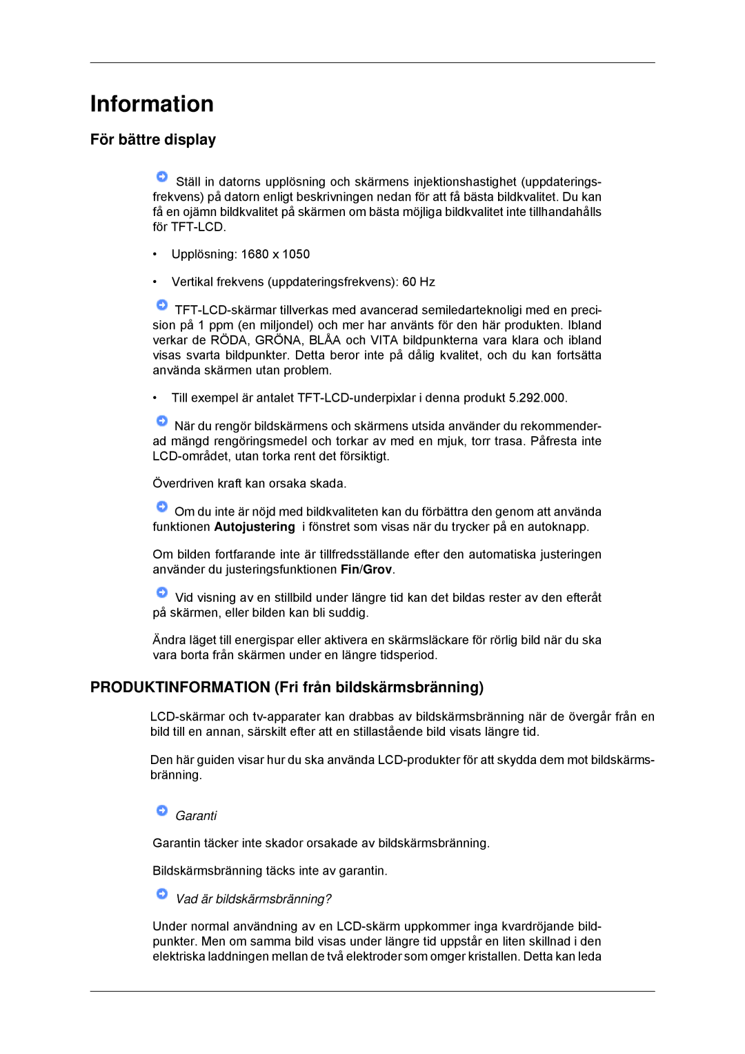Samsung LS22MYDDSC/EDC, LS22MYKDSCA/EN Information, För bättre display, Produktinformation Fri från bildskärmsbränning 