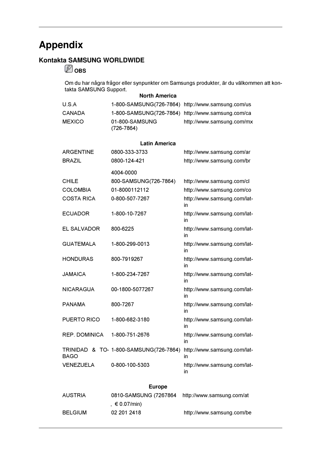 Samsung LS22MYDDSC/EDC, LS22MYKDSCA/EN manual Appendix, Kontakta Samsung Worldwide 