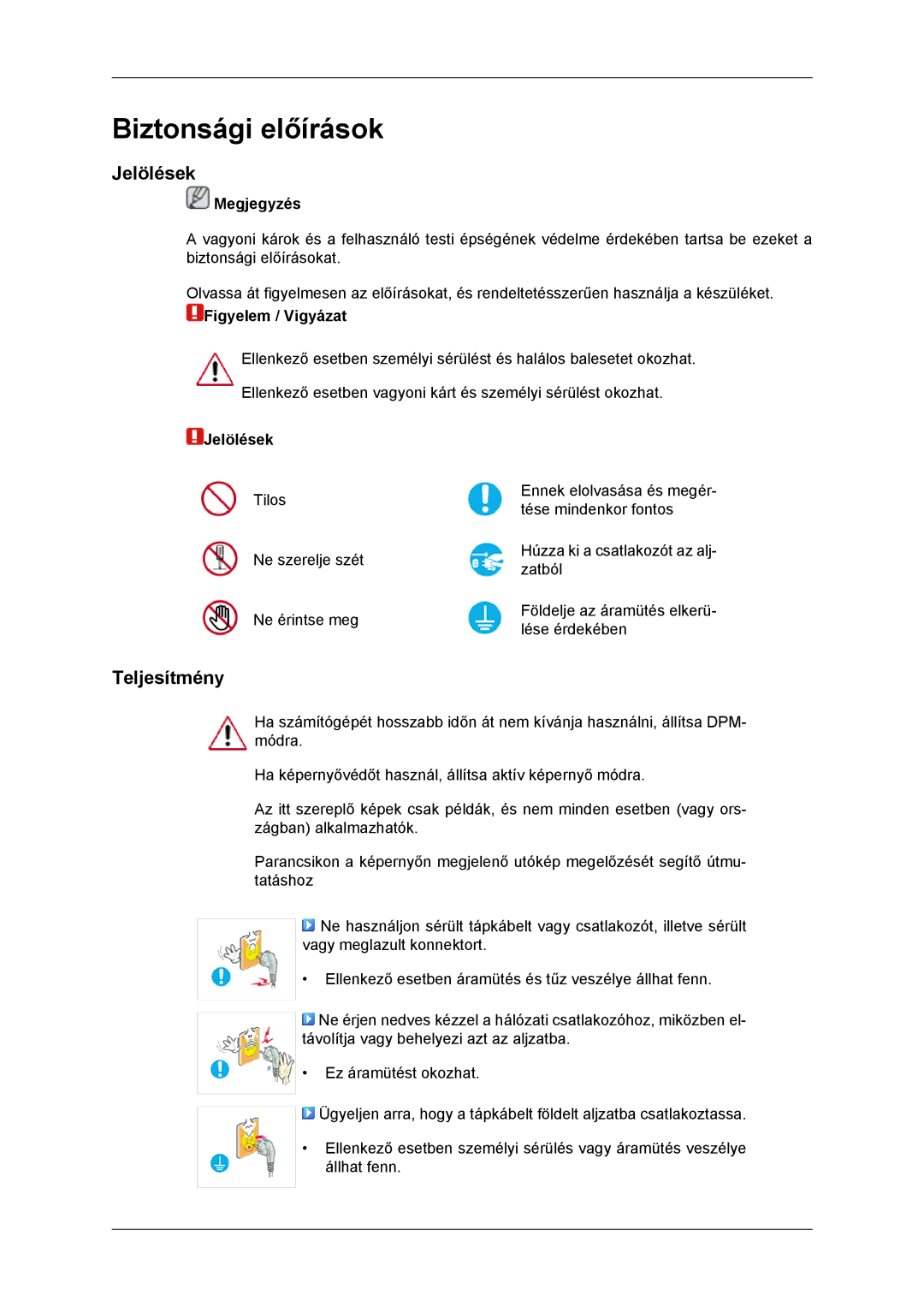 Samsung LS22MYKDSCA/EN, LS22MYDDSC/EDC manual Biztonsági előírások, Jelölések, Teljesítmény 