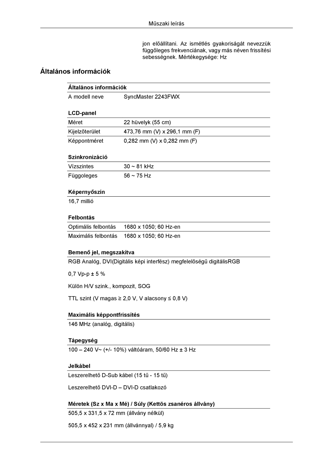 Samsung LS22MYDDSC/EDC, LS22MYKDSCA/EN manual Modell neve SyncMaster 2243FWX 