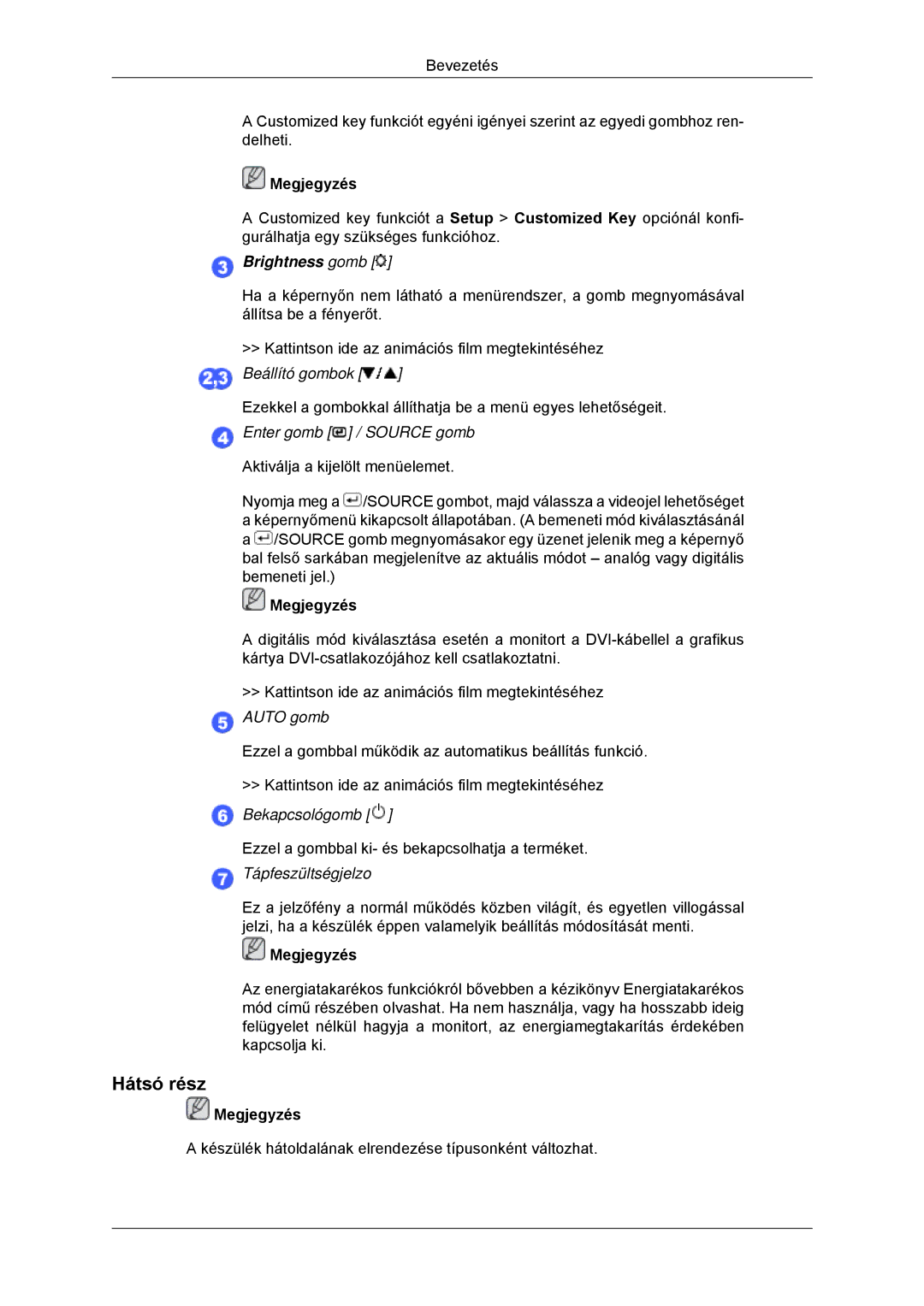 Samsung LS22MYKDSCA/EN, LS22MYDDSC/EDC manual Hátsó rész, Brightness gomb 