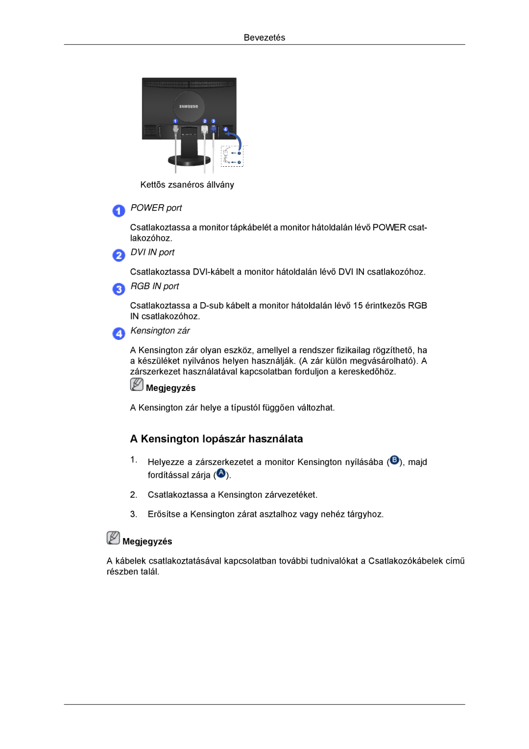 Samsung LS22MYDDSC/EDC, LS22MYKDSCA/EN manual Kensington lopászár használata, RGB in port 