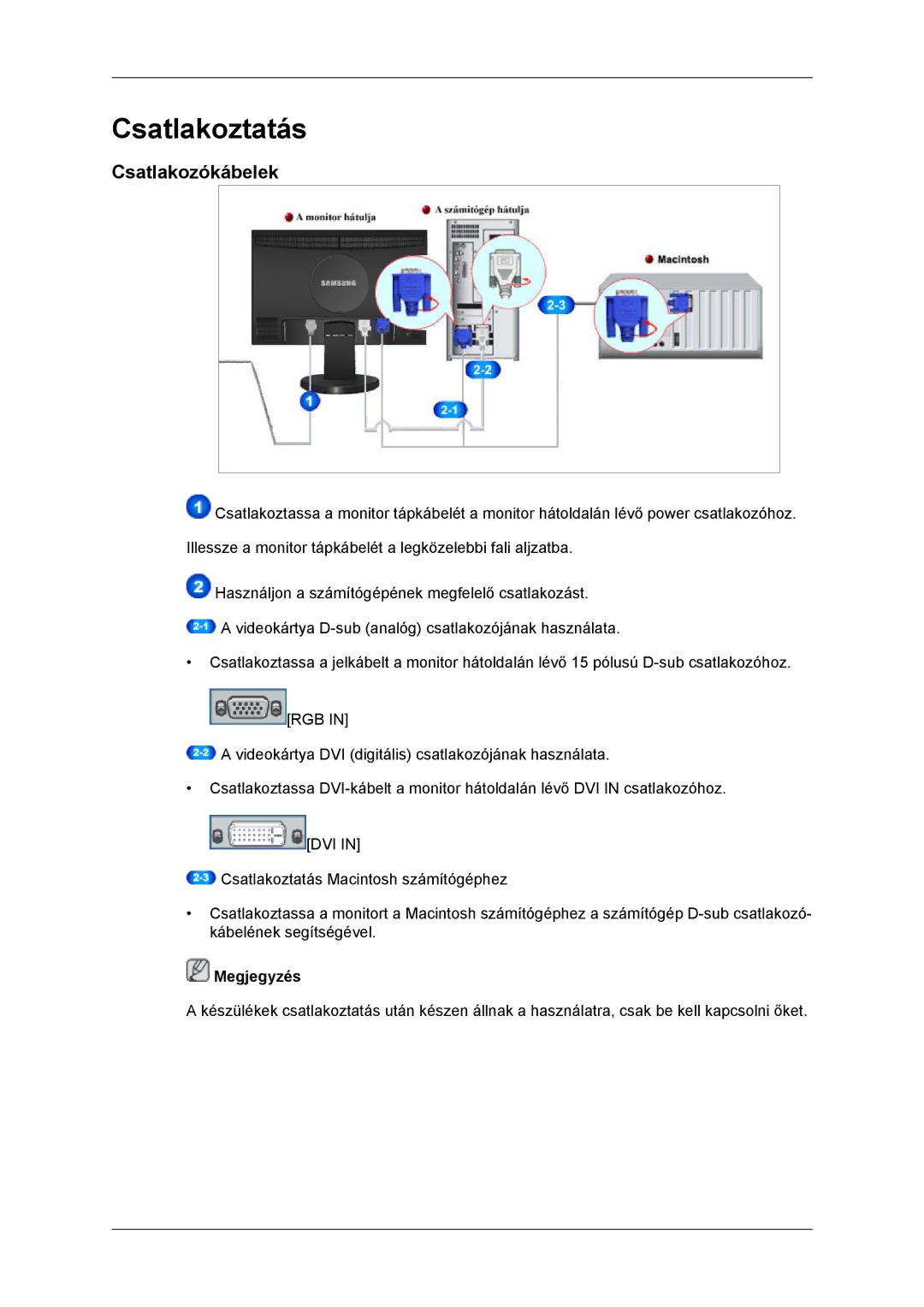 Samsung LS22MYDDSC/EDC, LS22MYKDSCA/EN manual Csatlakoztatás, Csatlakozókábelek 