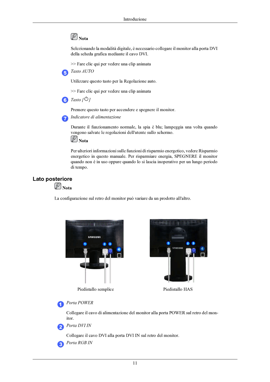 Samsung LS22MYKESQ/EDC, LS22MYKEBQ/EDC, LS20MYKESQ/EDC, LS20MYKEBQ/EDC manual Lato posteriore, Indicatore di alimentazione 