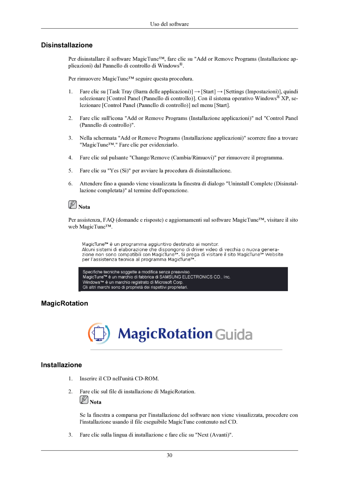 Samsung LS20MYKEBQ/EDC, LS22MYKESQ/EDC, LS22MYKEBQ/EDC, LS20MYKESQ/EDC manual Disinstallazione, MagicRotation Installazione 