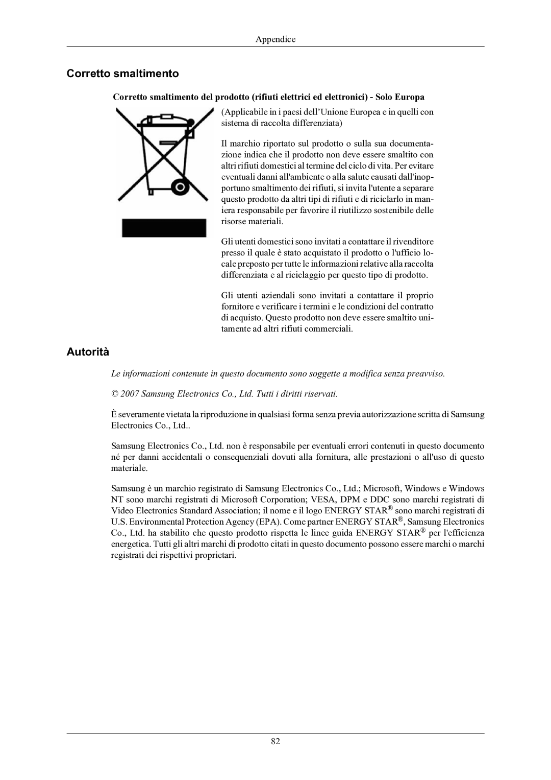 Samsung LS20MYKEBQ/EDC, LS22MYKESQ/EDC, LS22MYKEBQ/EDC, LS20MYKESQ/EDC manual Corretto smaltimento, Autorità 