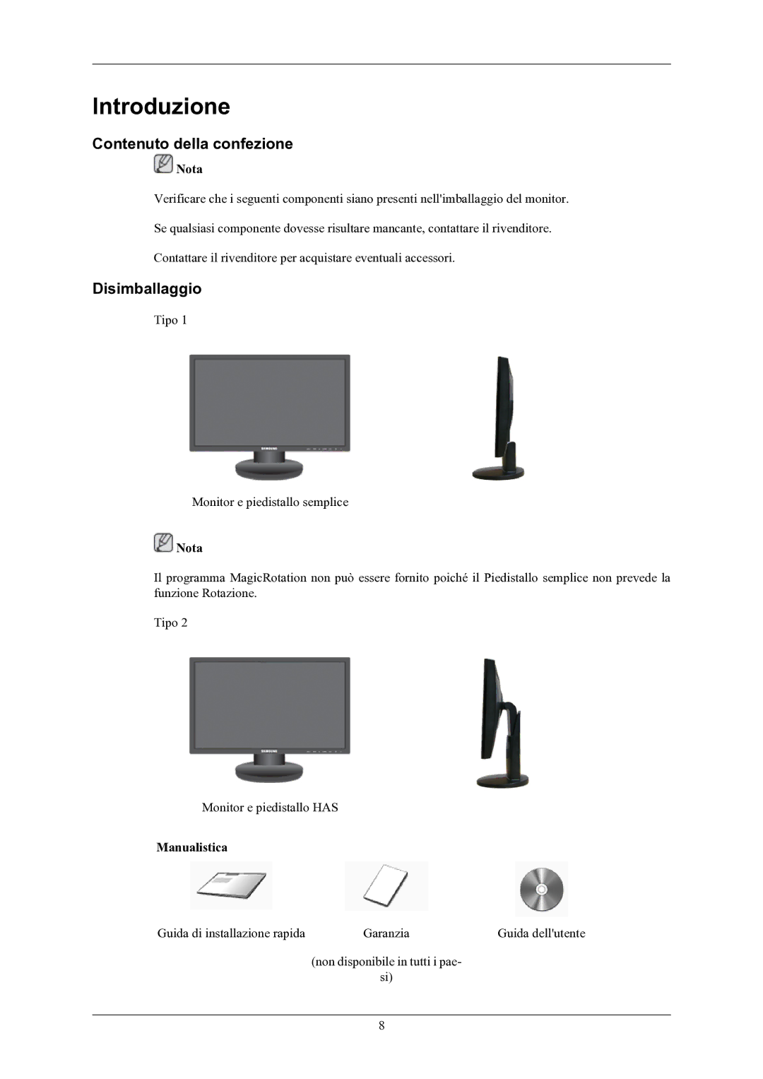 Samsung LS22MYKEBQ/EDC, LS22MYKESQ/EDC manual Introduzione, Contenuto della confezione, Disimballaggio, Manualistica 