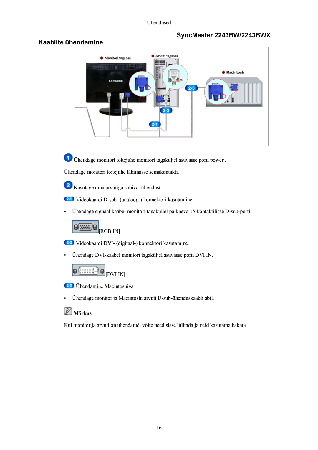 Samsung LS20MYKESQ/EDC, LS22MYKESQ/EDC, LS22MYKEBQ/EDC, LS22MYKEBCA/EN SyncMaster 2243BW/2243BWX Kaablite ühendamine, Märkus 