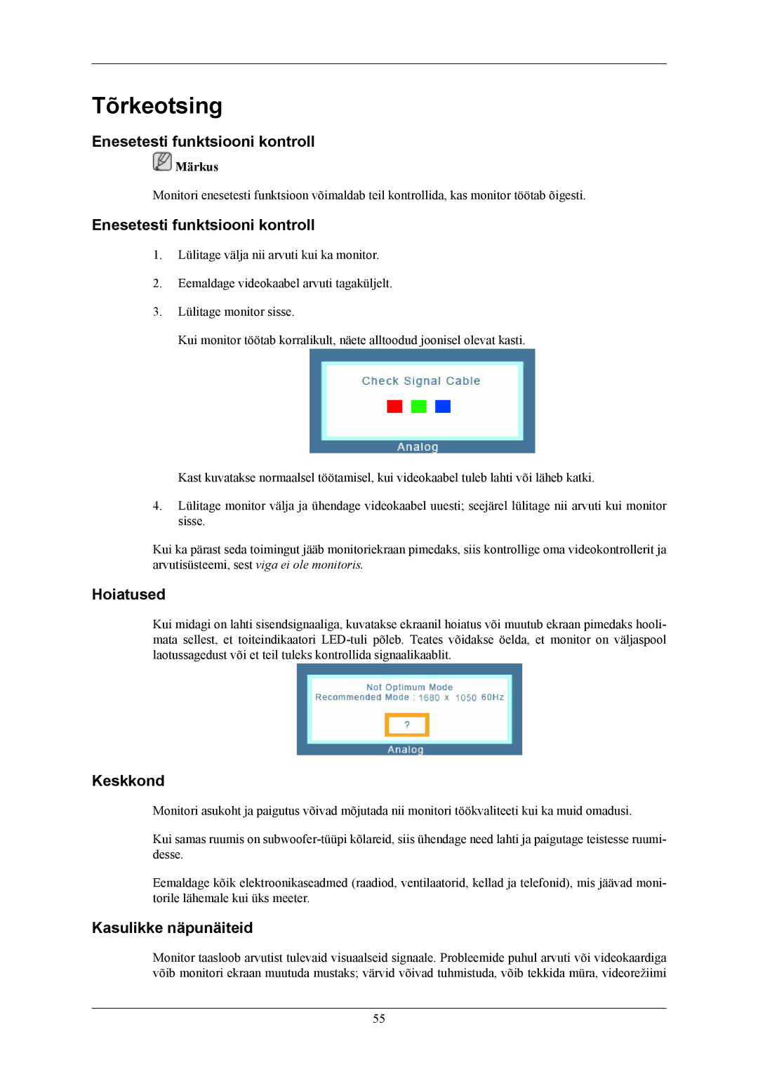 Samsung LS22MYKEBQ/EDC manual Tõrkeotsing, Enesetesti funktsiooni kontroll, Hoiatused, Keskkond, Kasulikke näpunäiteid 