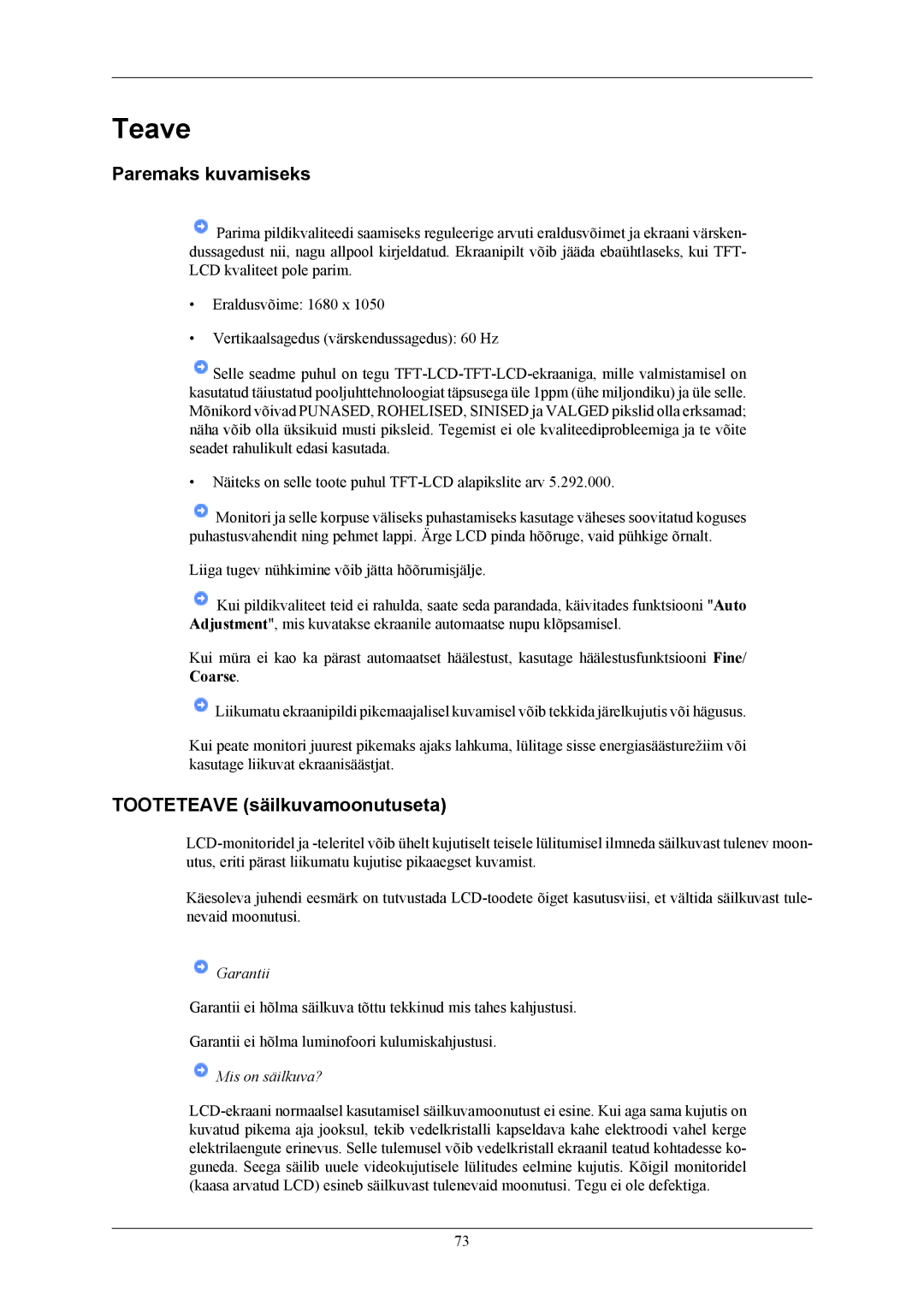 Samsung LS20MYKEBQ/EDC, LS22MYKESQ/EDC, LS22MYKEBQ/EDC manual Teave, Paremaks kuvamiseks, Tooteteave säilkuvamoonutuseta 