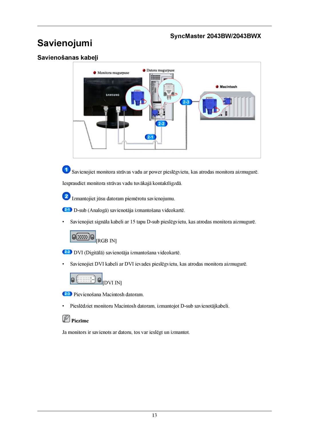 Samsung LS20MYKEBQ/EDC, LS22MYKESQ/EDC, LS22MYKEBQ/EDC manual Savienojumi, SyncMaster 2043BW/2043BWX Savienošanas kabeļi 