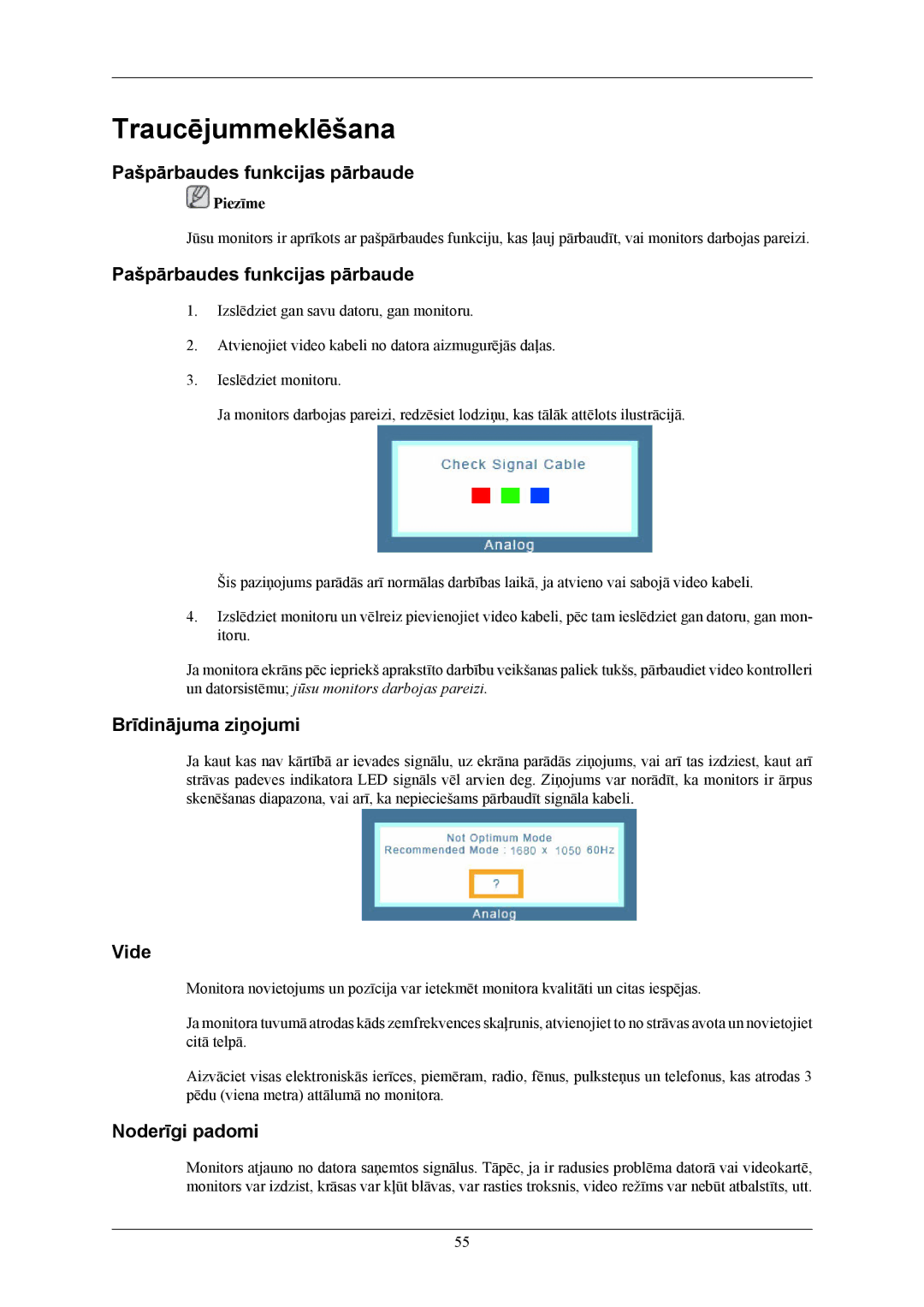 Samsung LS22MYKEBCA/EN, LS22MYKESQ/EDC manual Pašpārbaudes funkcijas pārbaude, Brīdinājuma ziņojumi, Vide, Noderīgi padomi 