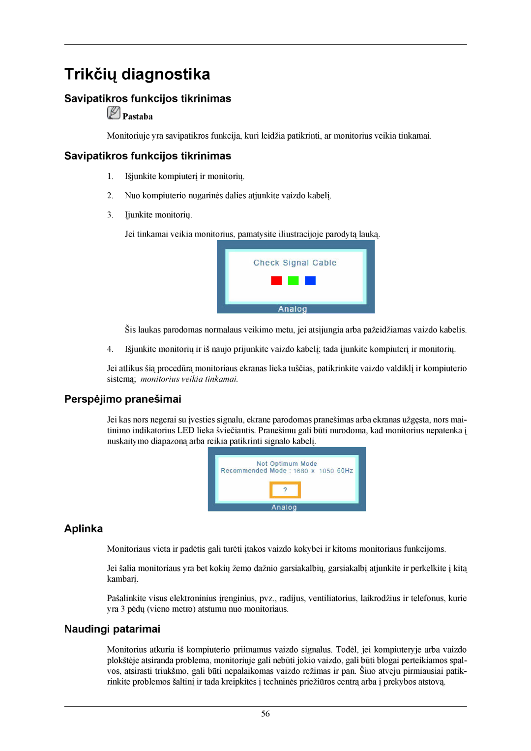 Samsung LS22MYKEBCA/EN manual Savipatikros funkcijos tikrinimas, Perspėjimo pranešimai, Aplinka, Naudingi patarimai 