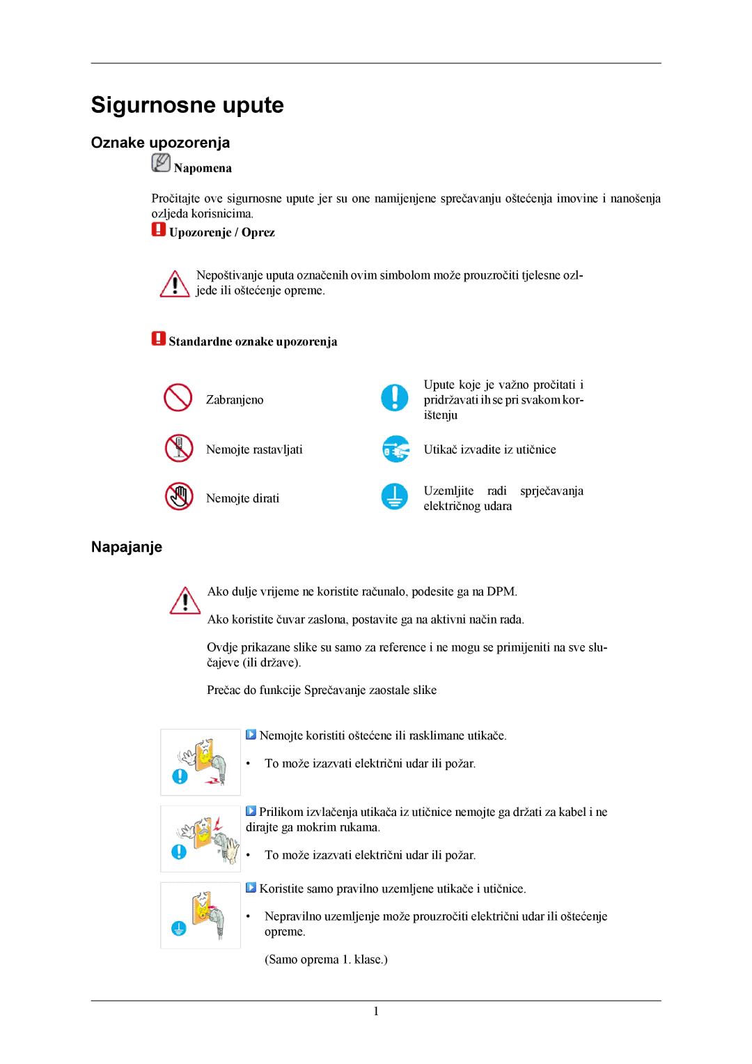 Samsung LS22MYKEBCA/EN, LS22MYKESQ/EDC, LS22MYKEBQ/EDC, LS20MYKEBQ/EDC manual Sigurnosne upute, Oznake upozorenja, Napajanje 