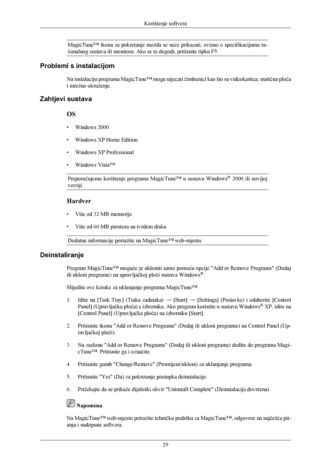 Samsung LS22MYKEBCA/EN, LS22MYKESQ/EDC, LS22MYKEBQ/EDC manual Problemi s instalacijom, Zahtjevi sustava, Deinstaliranje 