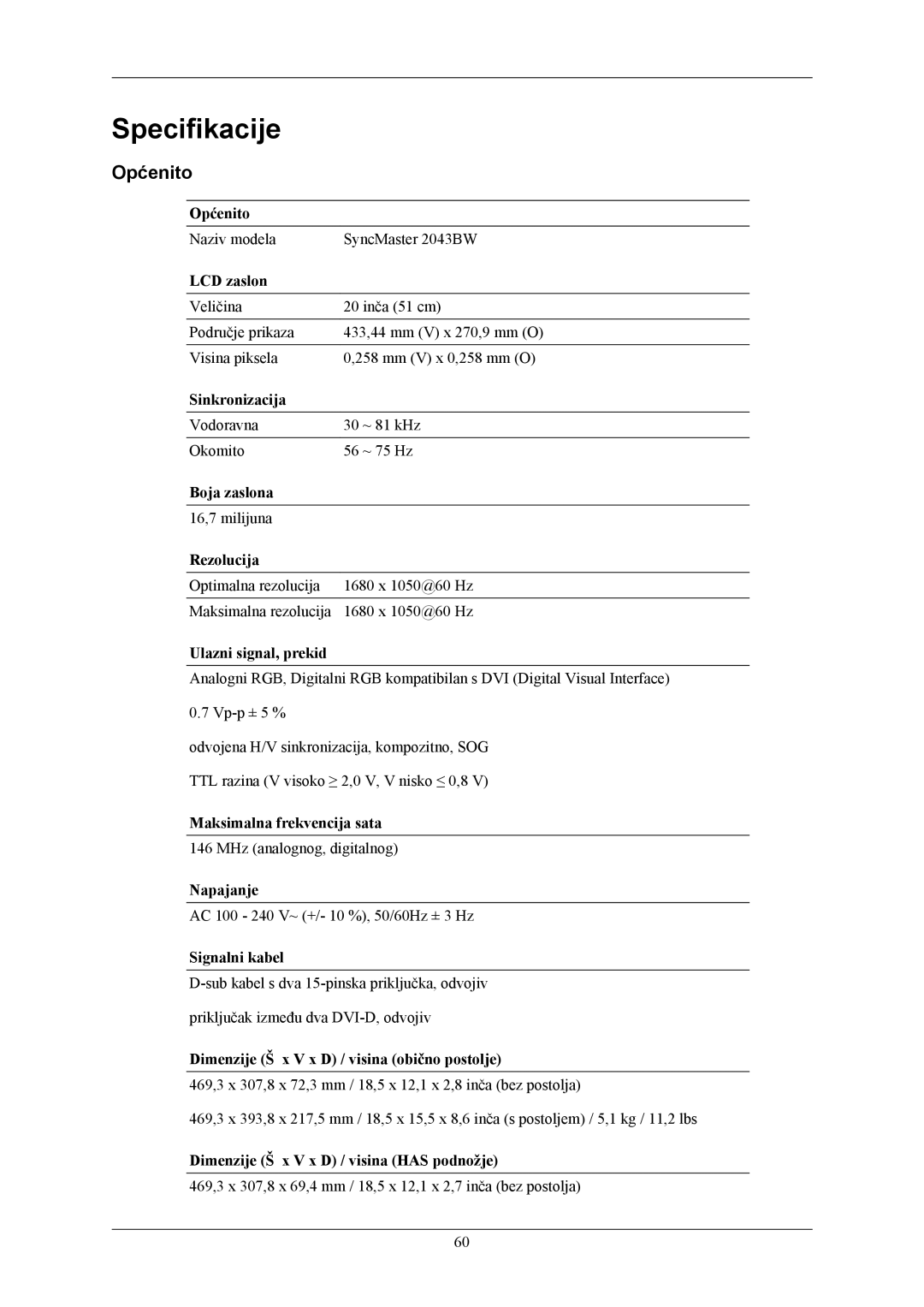 Samsung LS22MYKEBQ/EDC, LS22MYKESQ/EDC, LS22MYKEBCA/EN, LS20MYKEBQ/EDC manual Specifikacije, Općenito 