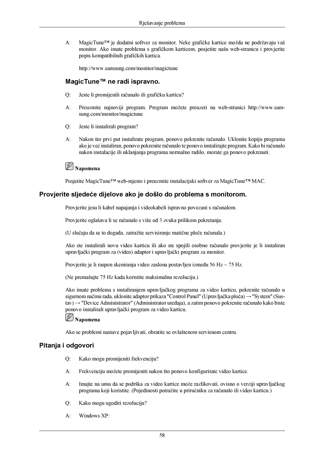 Samsung LS22MYKEBQ/EDC, LS22MYKESQ/EDC, LS22MYKEBCA/EN, LS20MYKEBQ/EDC manual MagicTune ne radi ispravno, Pitanja i odgovori 