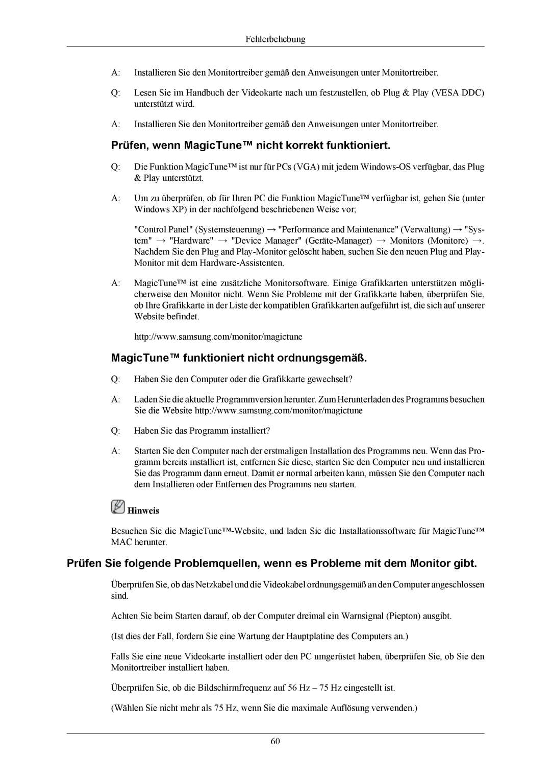 Samsung LS20MYKEBQ/EDC manual Prüfen, wenn MagicTune nicht korrekt funktioniert, MagicTune funktioniert nicht ordnungsgemäß 