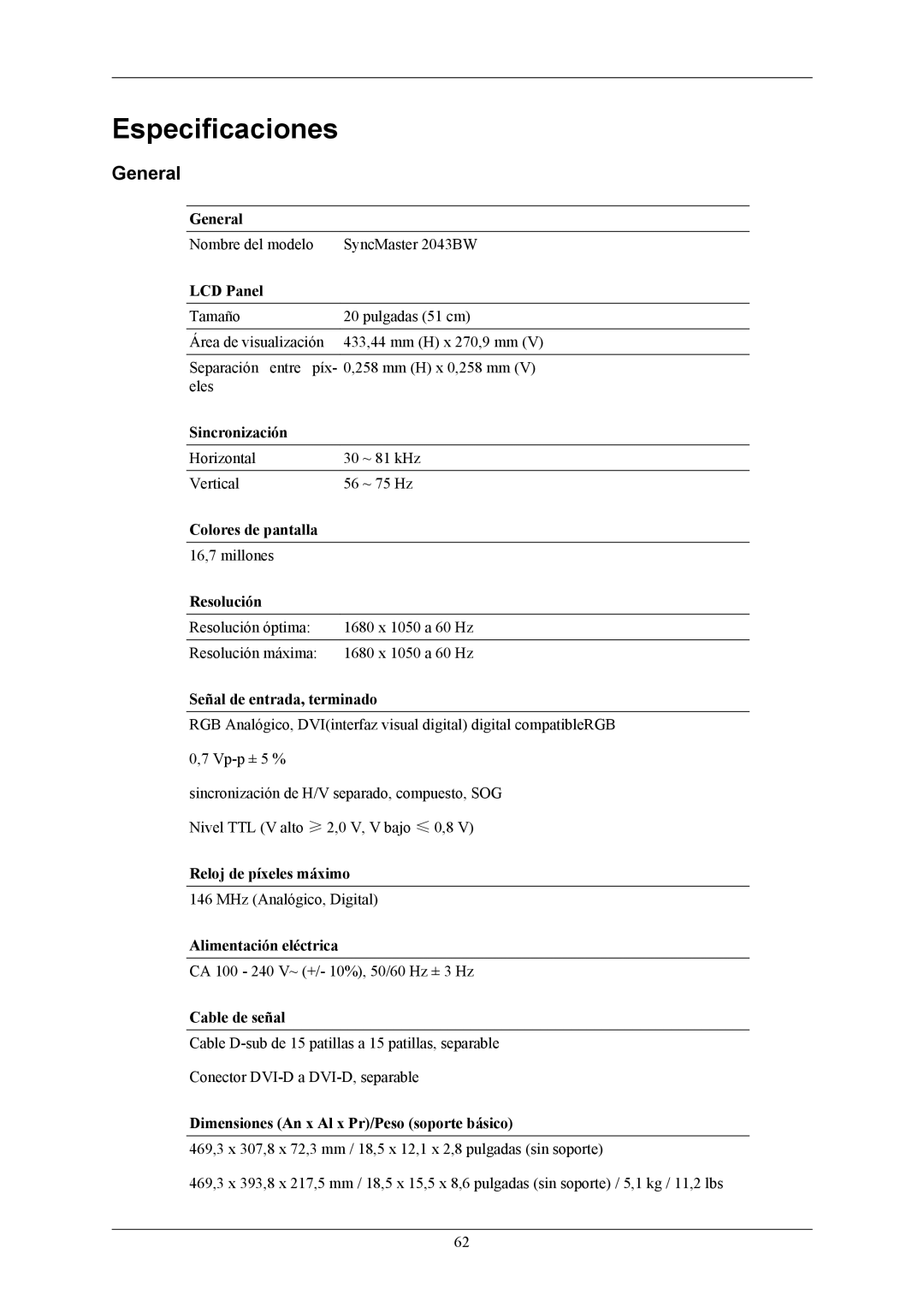 Samsung LS20MYKESQ/EDC, LS22MYKESQ/EDC, LS22MYKESCA/EN, LS22MYKEBQ/EDC, LS22MYKEBCA/EN manual Especificaciones, General 