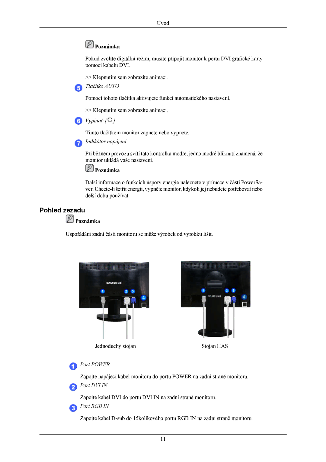 Samsung LS20MYKEBQ/EDC, LS22MYKESQ/EDC, LS22MYKESCA/EN, LS22MYKEBQ/EDC, LS20MYKESQ/EDC manual Pohled zezadu, Indikátor napájení 