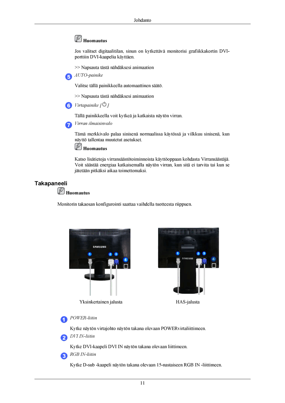 Samsung LS22MYKEBQ/EDC, LS22MYKESQ/EDC, LS22MYKESCA/EN, LS20MYKESQ/EDC, LS22MYKEBCA/EN manual Takapaneeli, Virran ilmaisinvalo 