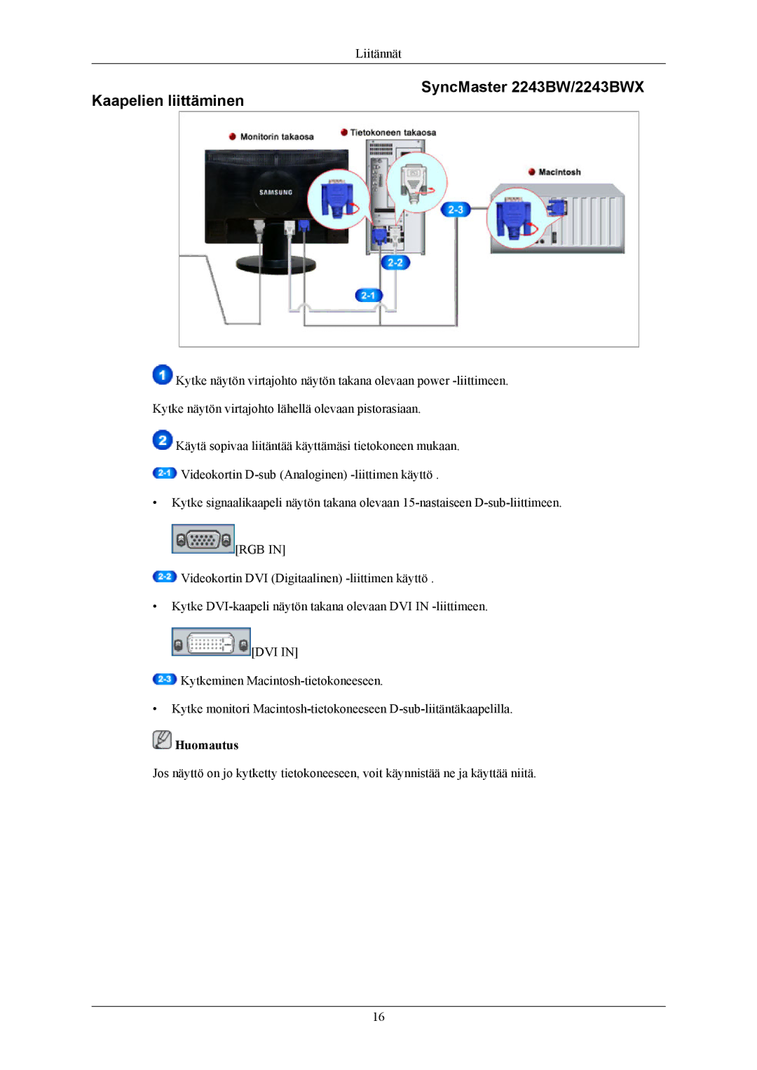 Samsung LS22MYKEBQ/EDC, LS22MYKESQ/EDC, LS22MYKESCA/EN manual SyncMaster 2243BW/2243BWX Kaapelien liittäminen, Huomautus 