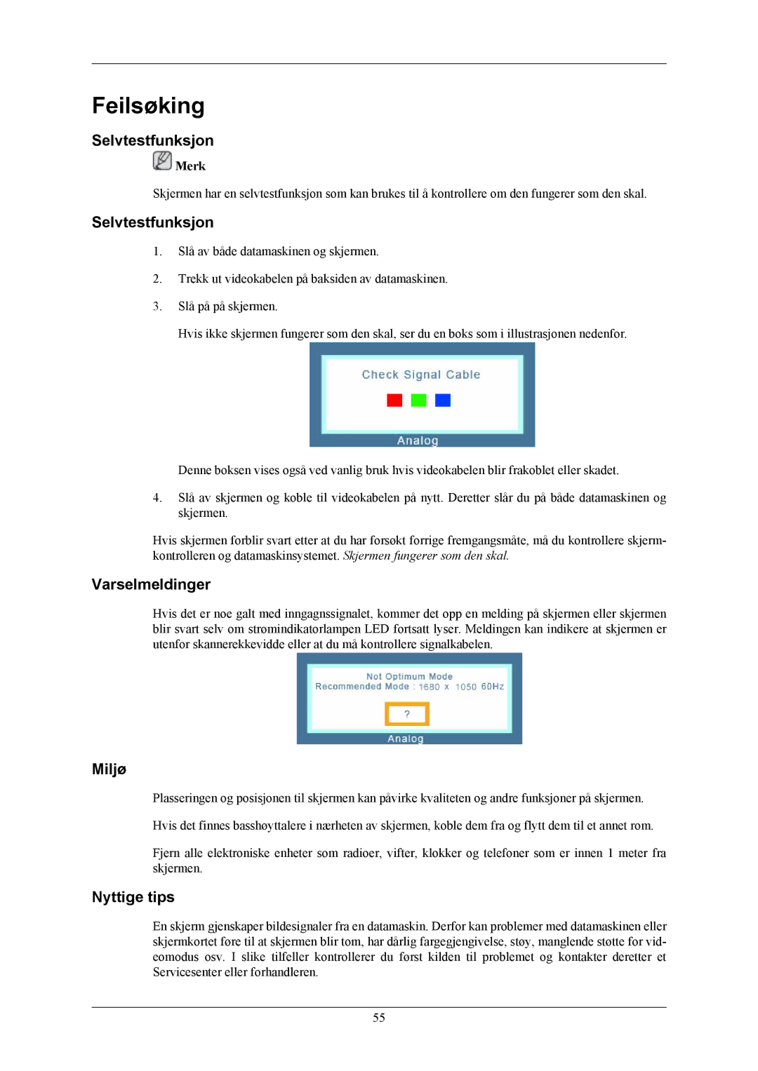 Samsung LS20MYKESQ/EDC, LS22MYKESQ/EDC, LS22MYKESCA/EN manual Selvtestfunksjon, Varselmeldinger, Miljø, Nyttige tips 