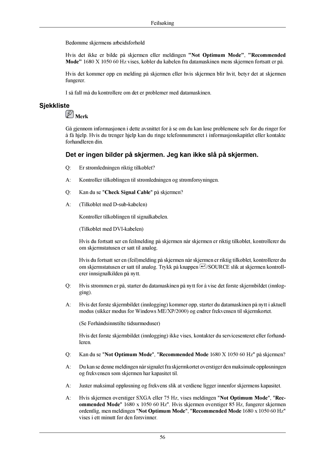 Samsung LS22MYKEBCA/EN, LS22MYKESQ/EDC, LS22MYKESCA/EN, LS22MYKEBQ/EDC, LS20MYKESQ/EDC manual Sjekkliste 