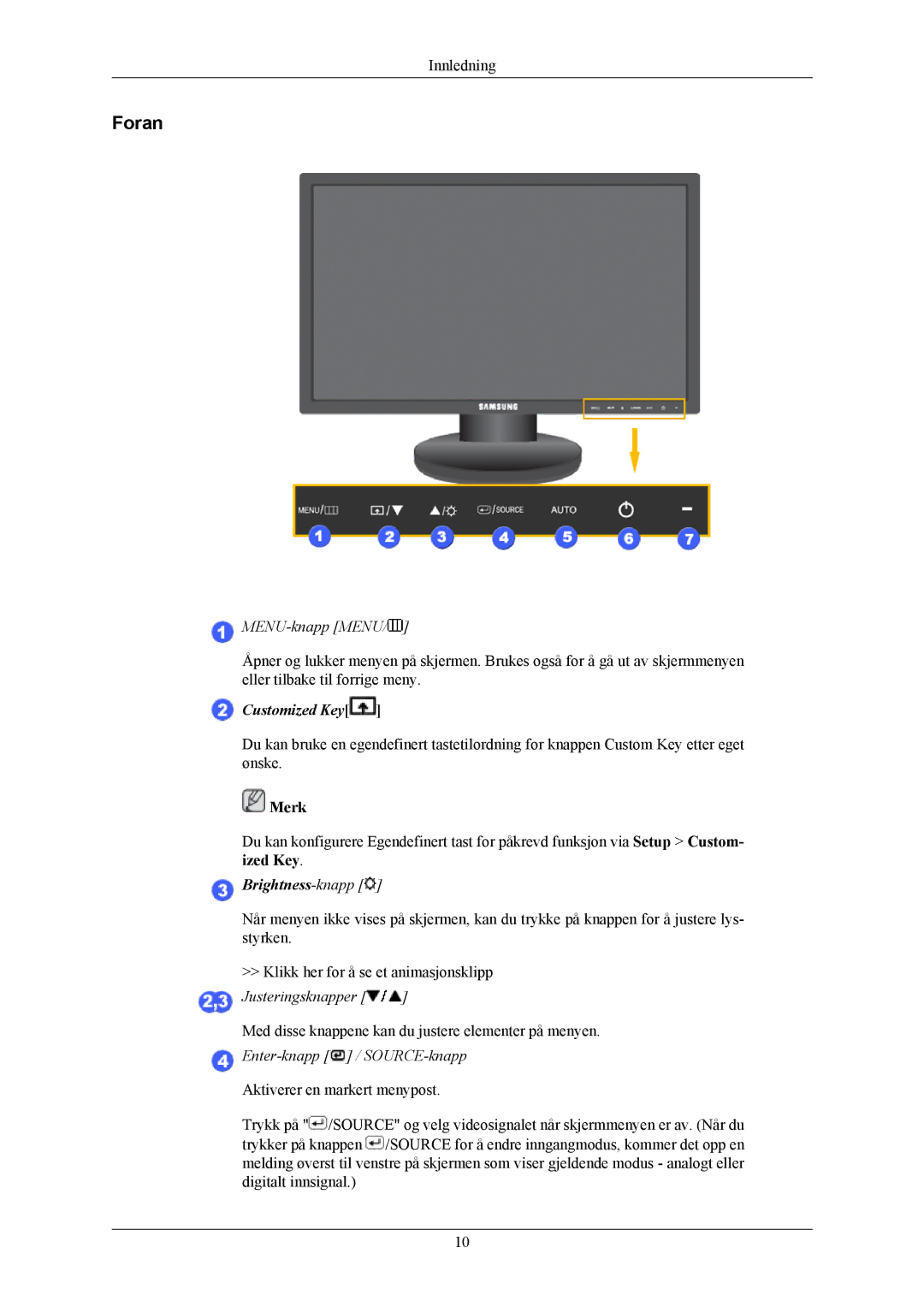 Samsung LS22MYKEBCA/EN, LS22MYKESQ/EDC, LS22MYKESCA/EN, LS22MYKEBQ/EDC, LS20MYKESQ/EDC manual Foran, MENU-knapp Menu 