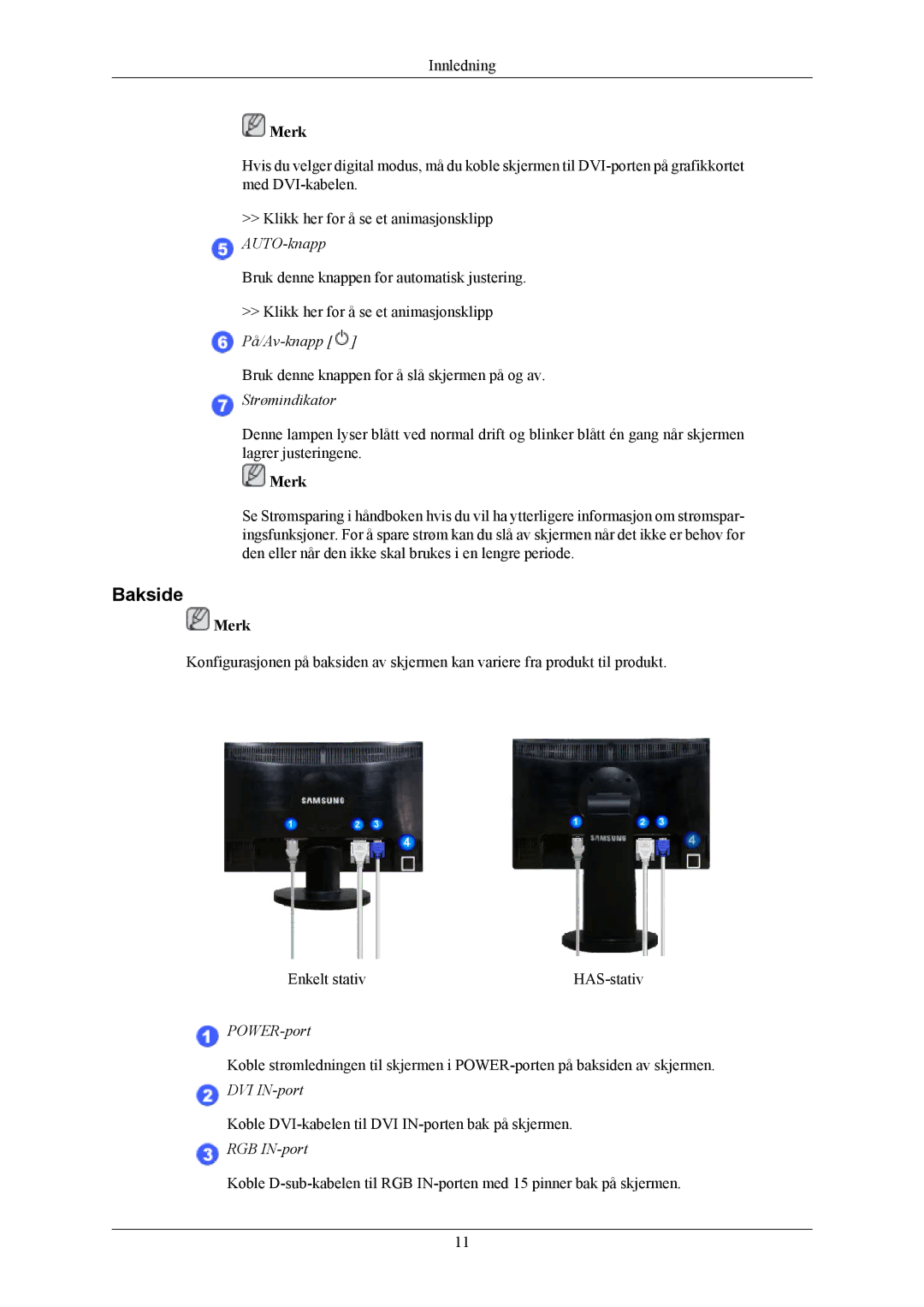 Samsung LS22MYKESQ/EDC, LS22MYKESCA/EN, LS22MYKEBQ/EDC, LS20MYKESQ/EDC, LS22MYKEBCA/EN manual Bakside, Strømindikator 