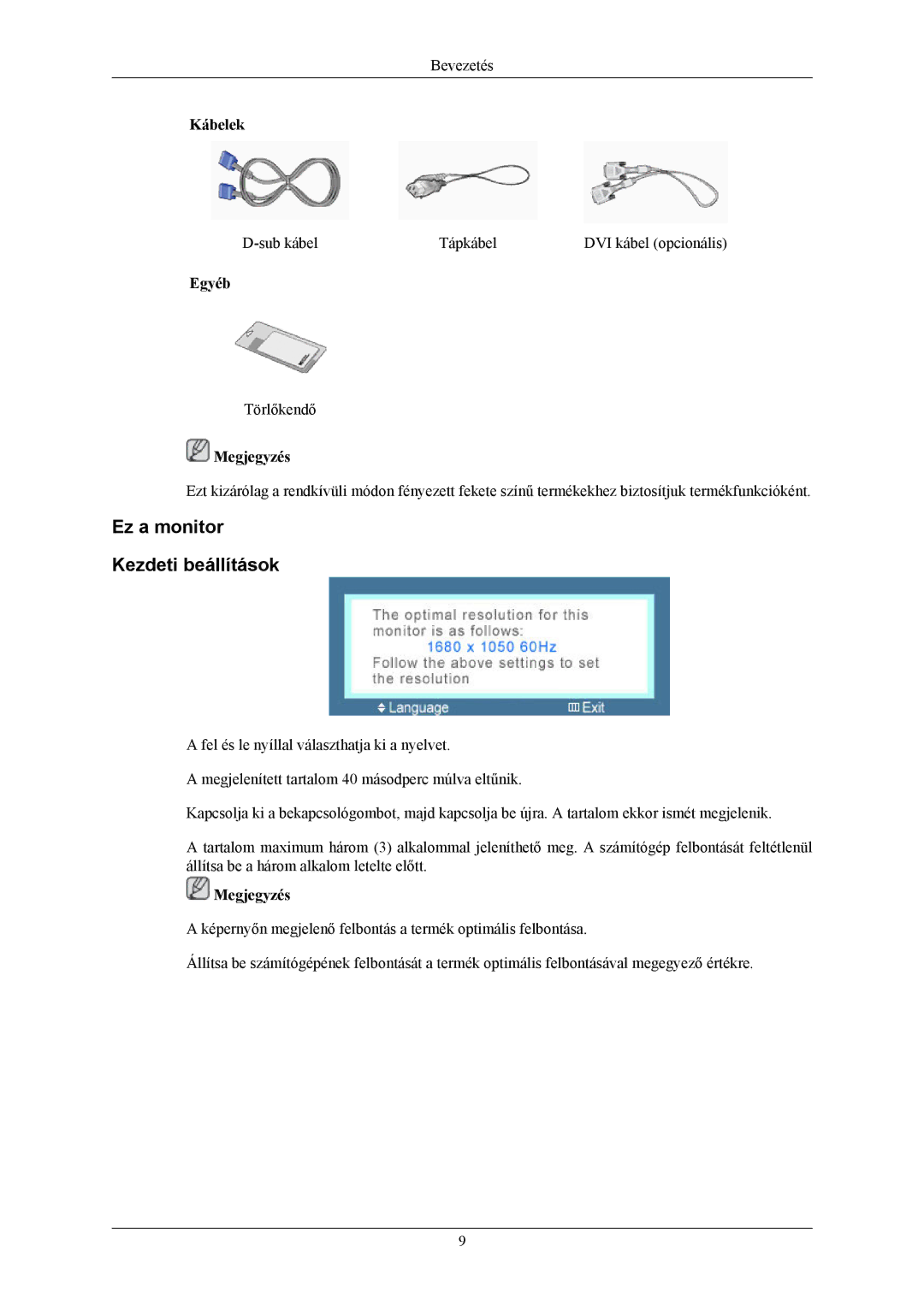 Samsung LS22MYKEBCA/EN, LS22MYKESQ/EDC, LS22MYKESCA/EN, LS22MYKEBQ/EDC manual Ez a monitor Kezdeti beállítások, Kábelek, Egyéb 